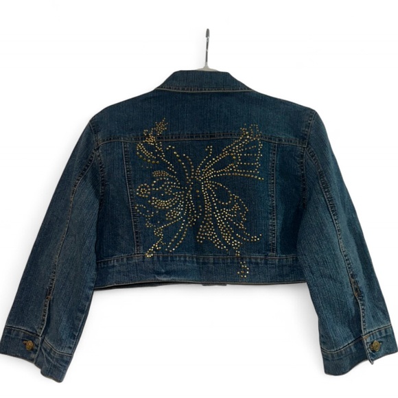 Vintage Y2K Bling Cropped 3/4 Sleeve Denim Jacket Size Large - Picture 2 of 7